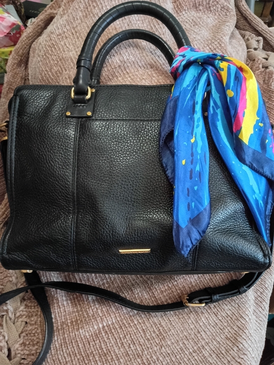 Rebecca Minkoff Handbags - Rebecca Minkoff Black Pebbled Leather Satchel with Blue Multi-Color Scarf